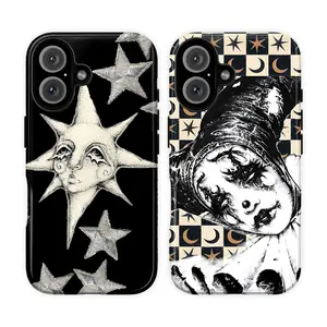 Whimsigoth Celestial Star & Dark Academia Clown Phone Case, Retro Y2K Grunge Aesthetic Phone Cover for iPhone 17 Pro Max 16 15 14 13 12 11 | Whimsical Moon & Star Tough Case, Gothic Pierrot Clown Checkerboard Print, Indie Alt Fairycore Protective Cover