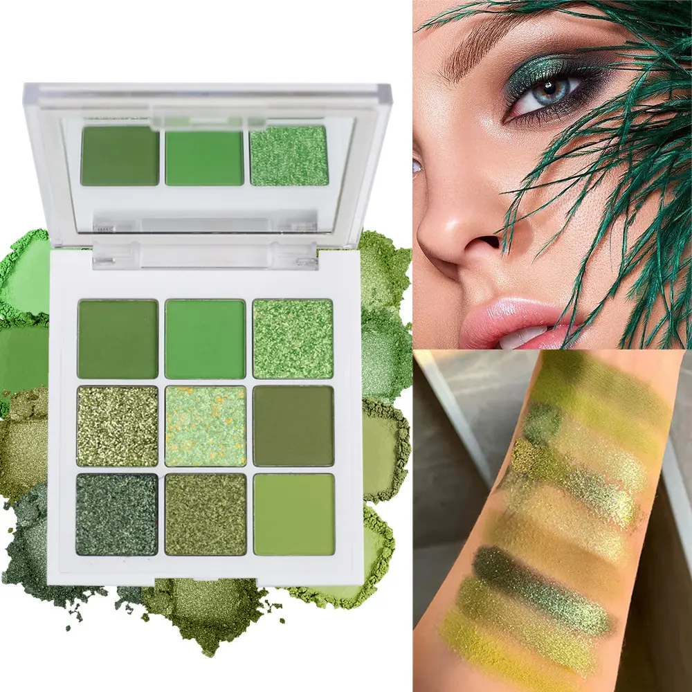 Viral 9 Shades Green Eyeshadow Palette, Matte & Glitter Shades, Ultra Fine Pigmented Powder, Easy to Blend No Fallout, Long Lasting Waterproof Eye Makeup, Fresh Forest Green Tone for Daily & Party Eye Looks