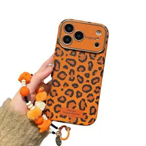 Orange Leopard Print Phone Case with Beaded Chain