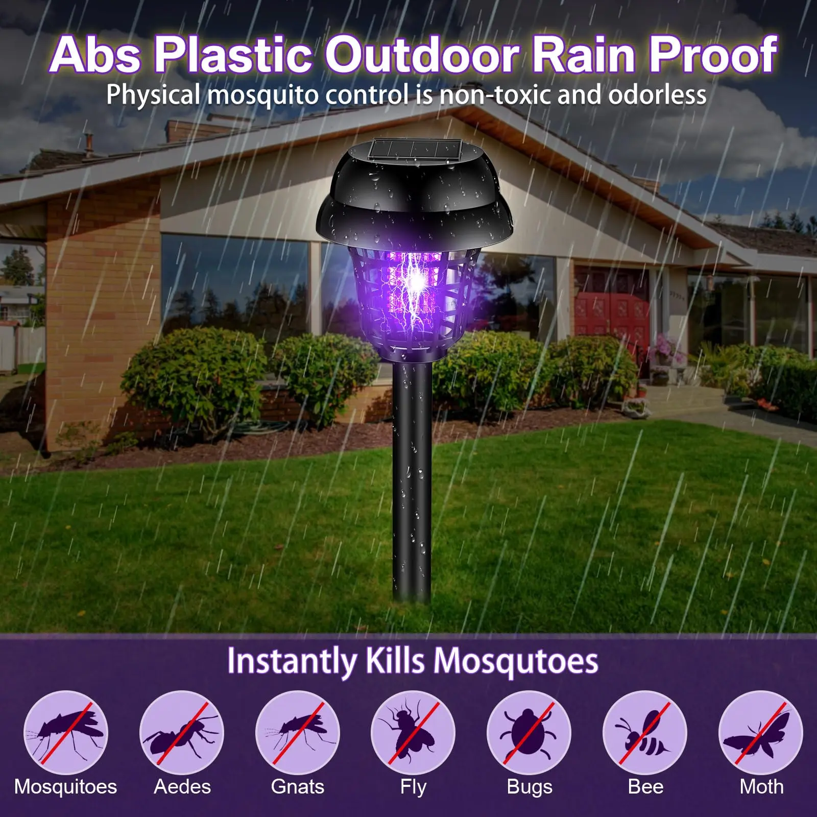 IP65 outdoor solar mosquito killer lamp, solar insect repellent lamp, solar insect killer and mosquito eliminator for gardens and courtyards, solar charging, automatic switch, combines lighting and trapping, used for trapping flying insects and mosquitoes