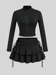 Women's Solid Zip Up Crop Top & Skirt Two-piece Set, Elegant Fashion Casual Mock Neck Long Sleeve Top & Skirt for Daily Outdoor Wear, Ladies Clothes for All Seasons, Fall outfit