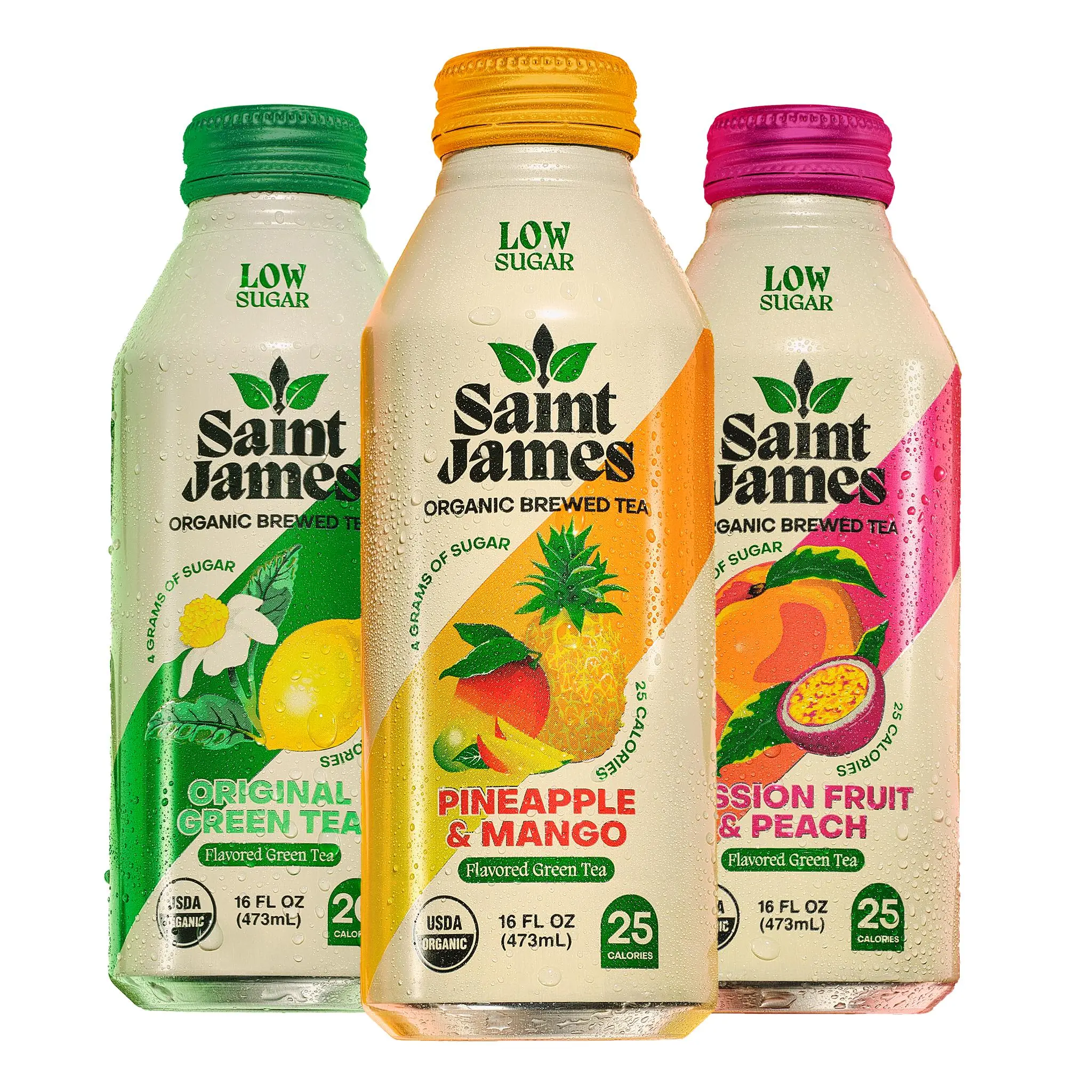 Saint James Iced Tea - Organic Green Tea Variety Pack - Non GMO, Gluten Free, Low Calorie & Sugar - 12 Pack (16 fl oz each) - Passion Fruit Peach, Pineapple Mango, and Original Green Flavors