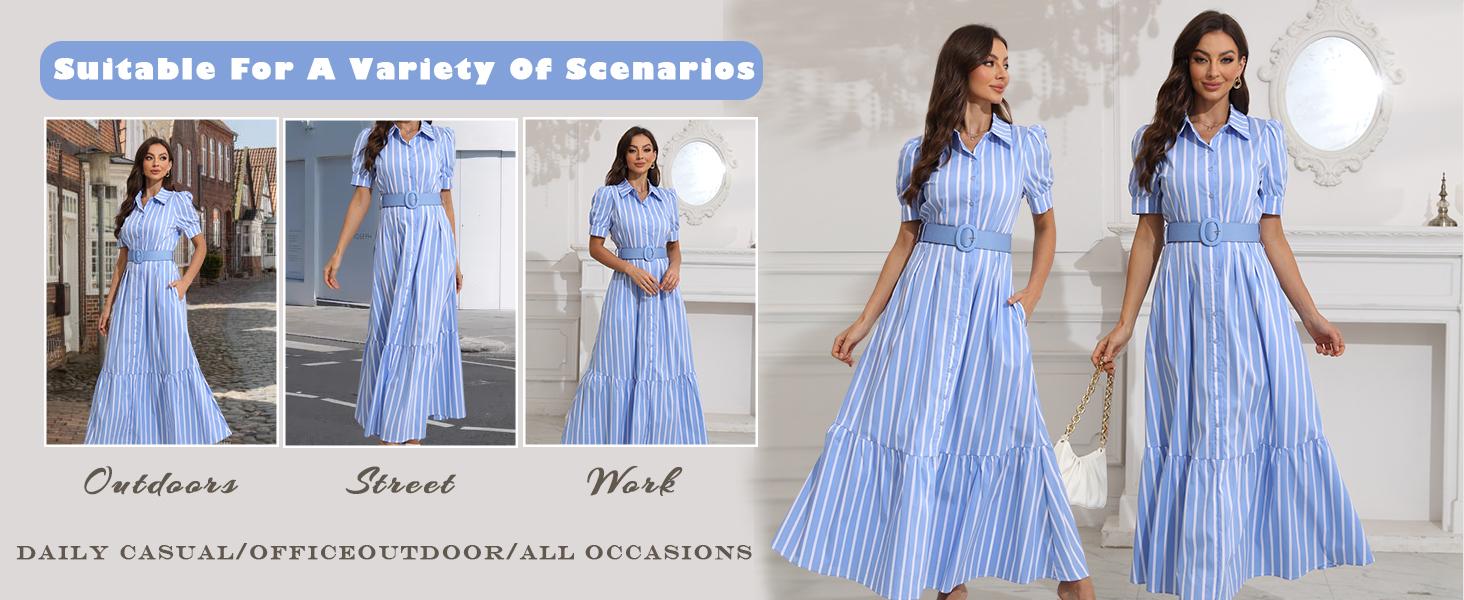 EBOSSY Women's Striped Button-Down Shirt Dress, Casual Puff Short-Sleeve Ruffle Hem Maxi Dress with Belt for Summer-Spring Casual Wear, Womenswear Stripe Pattern Design EBOSSY Women's Striped Button-Down Shirt Dress, Casual Puff Short-Sleeve Ruffle Hem Maxi Dress with Belt for Summer-Spring Casual Wear, Womenswear Stripe Pattern Design