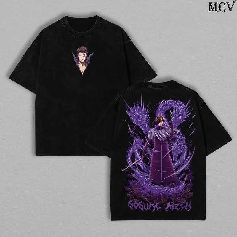 Aizen Bleach T-Shirt Oversized Washed Tee Anime Villain Shirt, Heavy Cotton