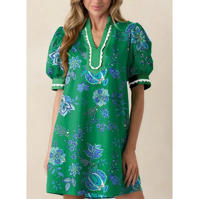 Dokotoo Women's Dress Short Sleeve Print Summer Casual V-Neck Mini Dress  Vacation Set Sweet Floral Cotton Puff Sleeve Mini Dress - TikTok Shop