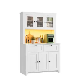 Garvee Pantry Cabinet with  Charging Station, Farmhouse Kitchen Pantry Storage Cabinet with Countertop, Large Kitchen Hutch with Storage Drawers and Adjustable Shelves & Water Ripple Design for Dining Room,
