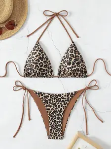 Two-piece Set Women's Leopard Print Bikini Set, Casual Fashion Chic Triangle Swim Bra & Swim Panty Set, Ladies Swimsuit for Beach Holiday Vacation