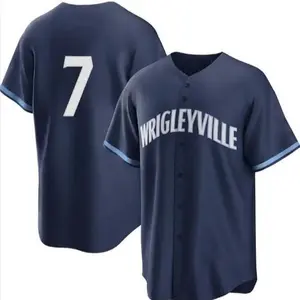 Men's baseball jersey #7 shirt button; Chicago baseball shirt, outdoor indoor, competition training suit, comfortable polyester, breathable quick-d;