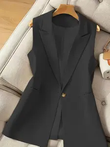 Women's Casual Fashion Vest Jacket, Plain Color, Single Button Sleeveless, Lining, Pockets, Back Slit, Loose Fit, All Seasons