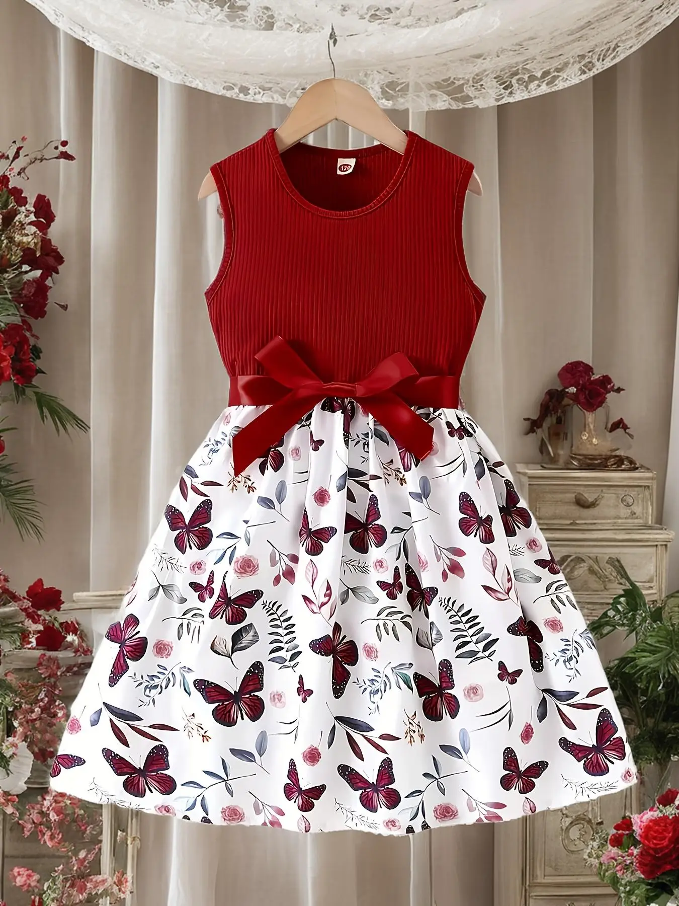 Girl's Patchwork Butterfly Print Dress with Bow Decor Belt, Sleeveless A Line Dress for Party Holiday Vacation, Kids Summer Clothes