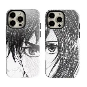 Attack on Titan Eren & Mikasa Sketch Style Couple Phone Case for iPhone 17 16 15 14 13 12 11 Pro Air Plus ProMax and Samsung Galaxy S26 Plus Ultra S25 S24 S23 S22 anti drop and phone case