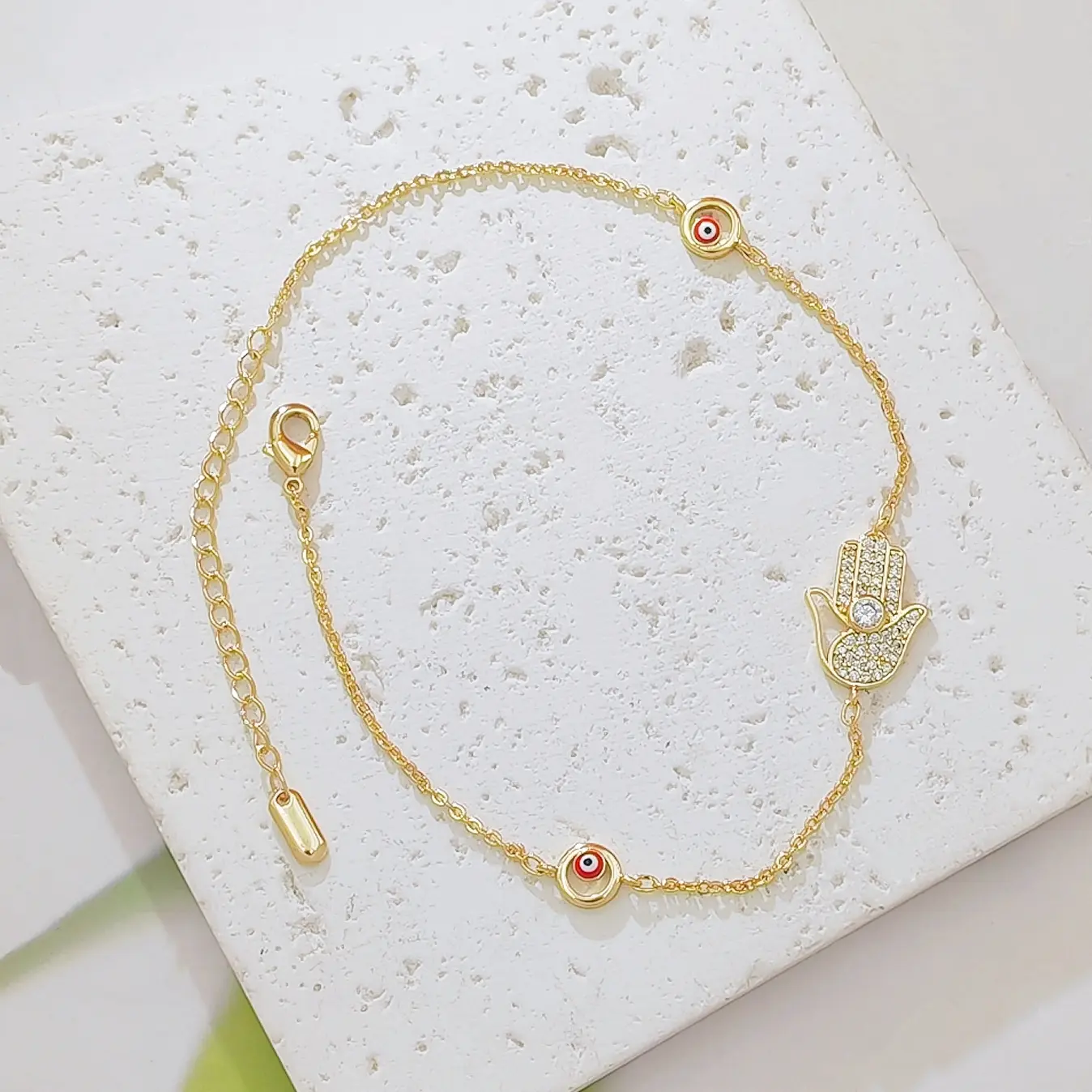 14K Gold Plated Hamsa Hand Evil Eye Anklet for Women, Dainty Cubic Zirconia Protection Lucky Ankle Bracelet, Adjustable Foot Chain Jewelry Gift for Beach Daily Wear