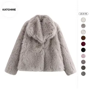 KatchMe Women's Elegant Solid Color Wide Lapel Snap Closure Fuzzy Thermal Outerwear, Ladies' Faux Fur Side Pocket Clothing for Daily Outdoor Wear