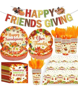 Xcvwz Happy Friendsgiving 189Pcs Thanksgiving Party Supplies Set - Plates, Napkins, Banner, Forks, Knives, Spoons, Tablecloth for Festive Decorations