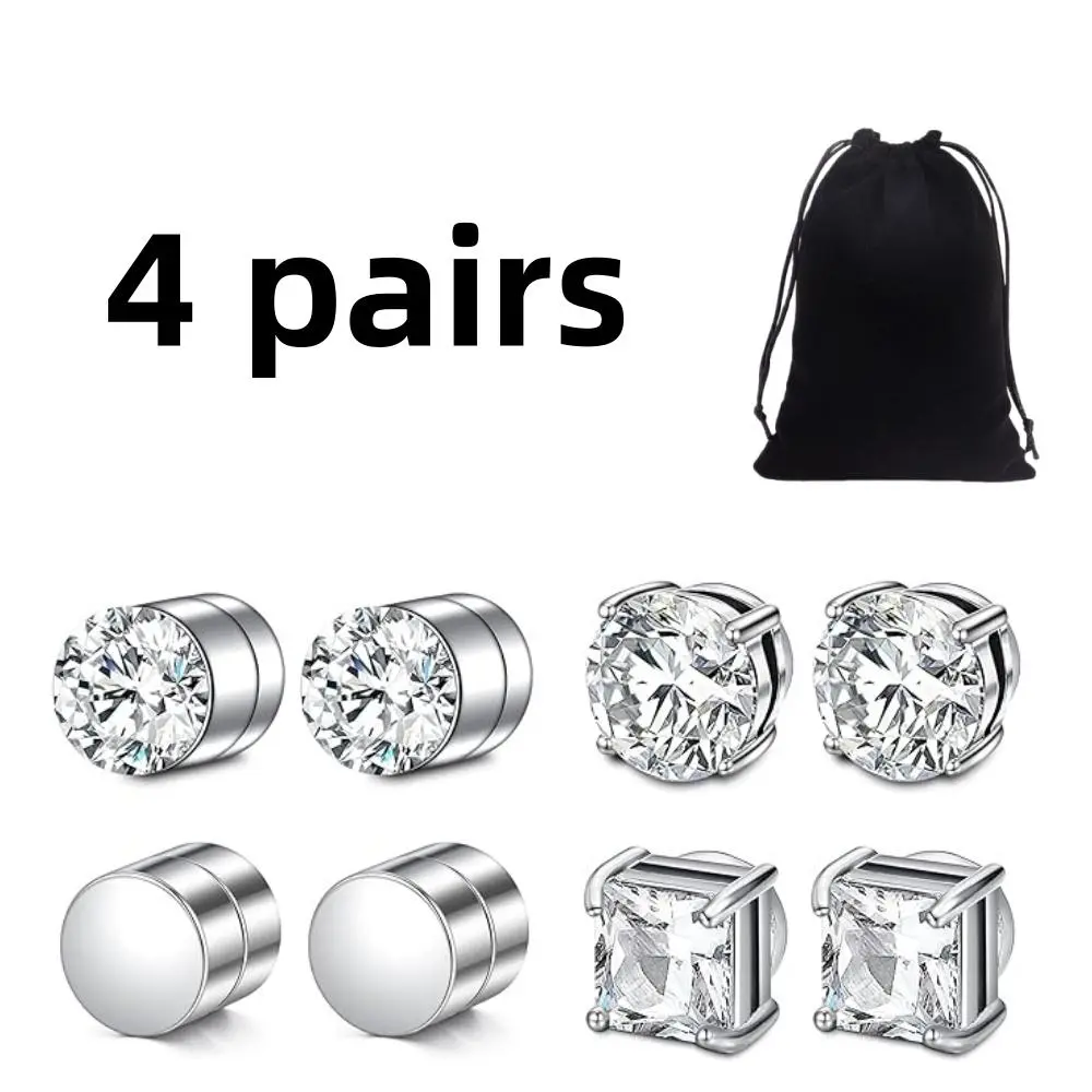 4 piece Silver Diamond Earrings Non Piercing CZ Halo Studs Diamond Earrings Stainless Steel Magnetic Stud Earrings for Women Men