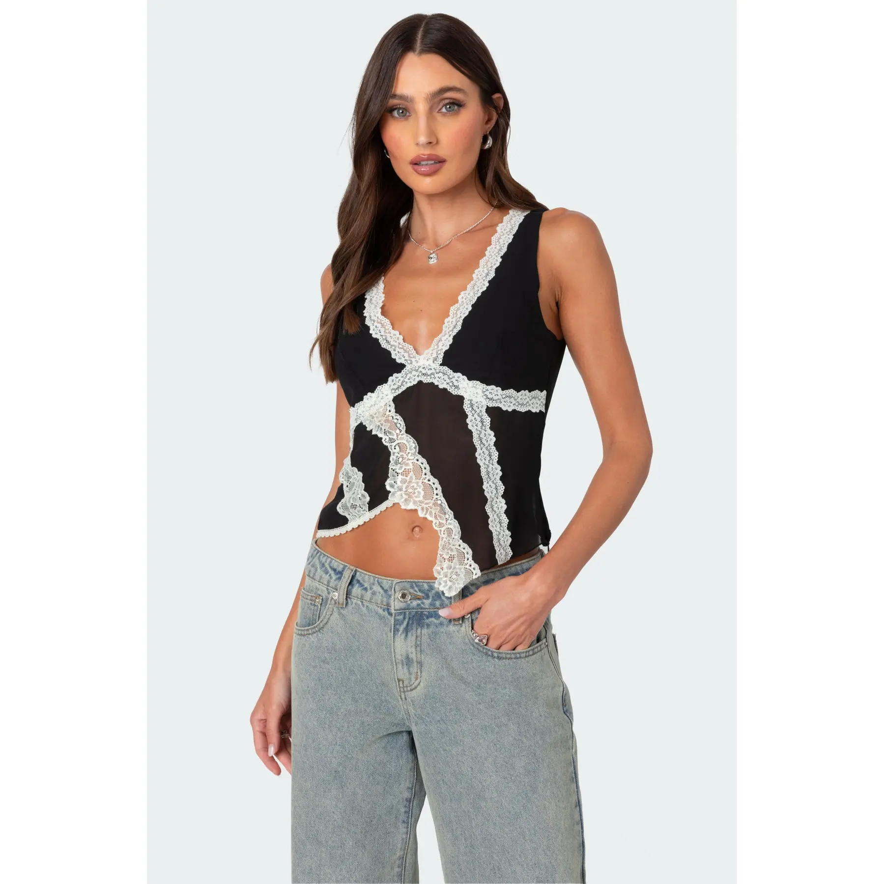 Chiffon & Lace Sheer Asymmetric Top