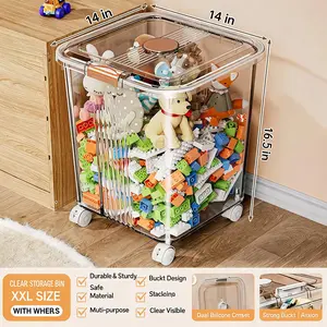 Large Clear Toy Storage Bin with Wheels and Lid, Stackable BPA Free Plastic Storage Container, Rolling Organizer for Lego Blocks, Stuffed Animals, Snacks, Clothes, Kids Bedroom Playroom