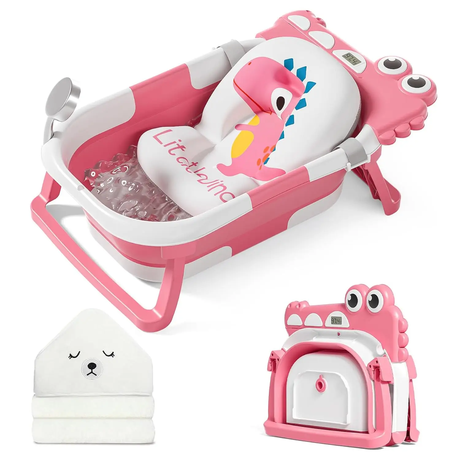 MoreFeel Collapsible Baby Bathtub for Infants to Toddler with Real-time Temp Monitor Floating Cushion Foldable Baby Bath Tub Set Applicable 0-36 Month