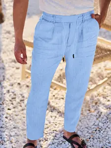 Men's Lightweight Linen Fabric Breathable Wide Leg Pants with Pockets, Elastic Waist Drawstring Casual Beachwear, All-Season Comfortable Summer, Multiple Colors Available