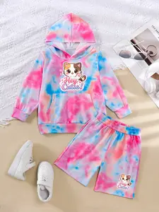 New Hey Cutie Cute Cat Print Tie-Dye Long Sleeve Sweatshirt Shorts Set, Trendy Girls' Kangaroo Pocket Two-Piece, Ages 8 and Under