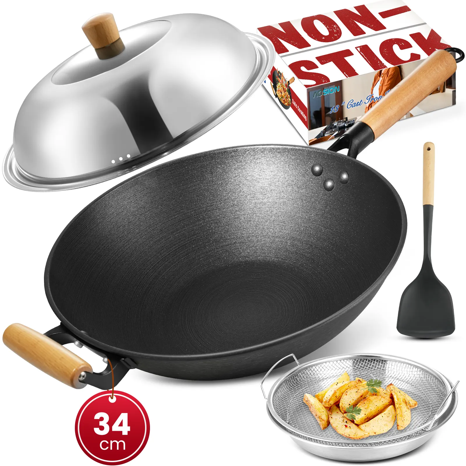 AOSION 13'' Nonstick Wok, Cast Iron Wok with Lid, 5 PCS Wok Pan & Stir-Fry Pans Set with Oil Filter Tray and Spatula, No Chemical Coated Flat Bottom Chinese Woks Pan for All Stoves
