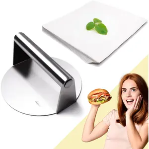 Burger Smasher 6.3" Smash Press Hamburger & 100 Patty Paper | for Griddle Grill Pan Skillet |  Flat Presser Smashburger Maker 304 Stainless Steel | Meat Bacon Sandwich Tool Kit