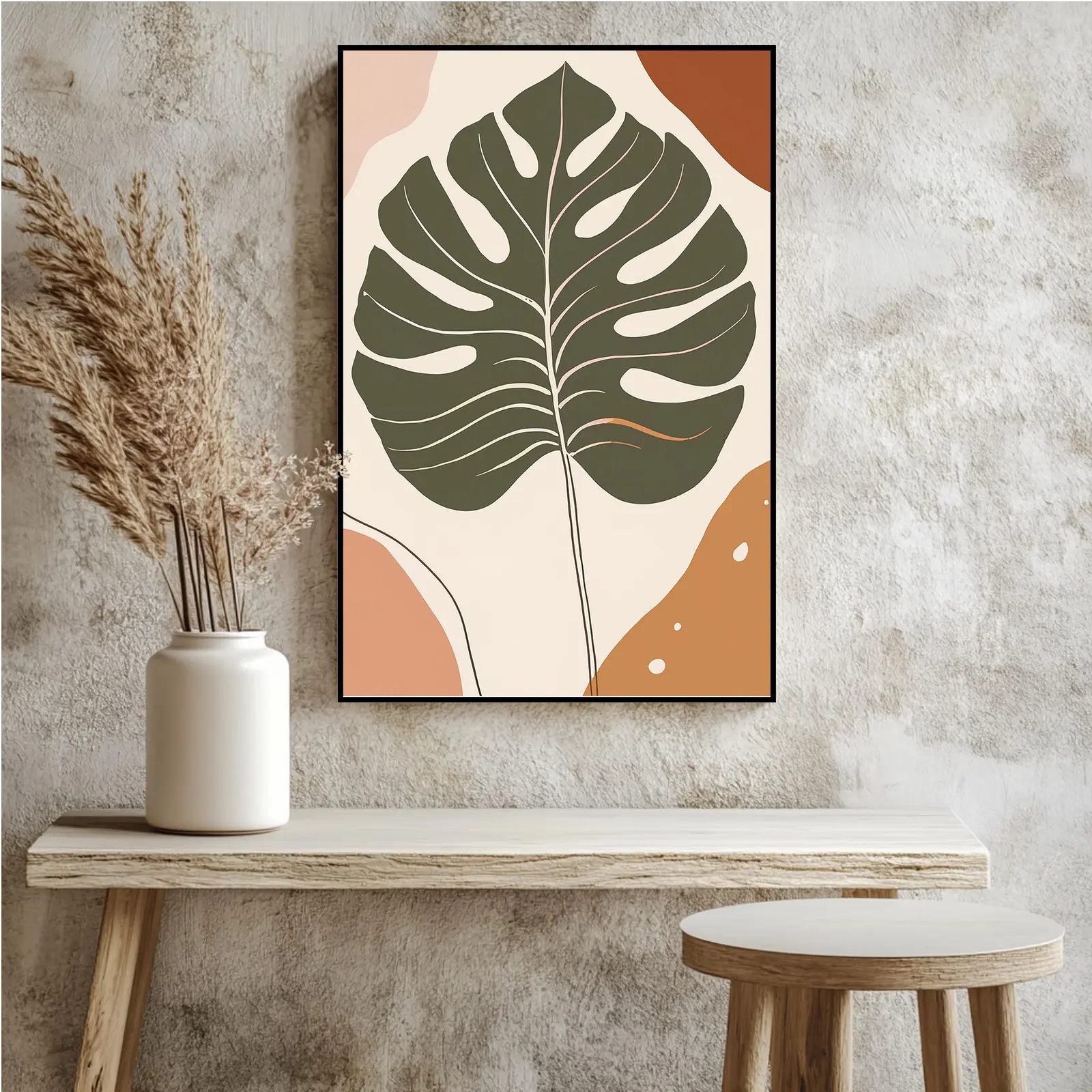 Unframed Bohemian Monstera Leaf Nature Poster - Chic Decorative Botanical Drawing/Sketch Wall Art Accessory, Tropical Plant Print with Blush Pink Veins, Minimalist Foliage for Nature Lovers’ Indoor Living Room, Bathroom