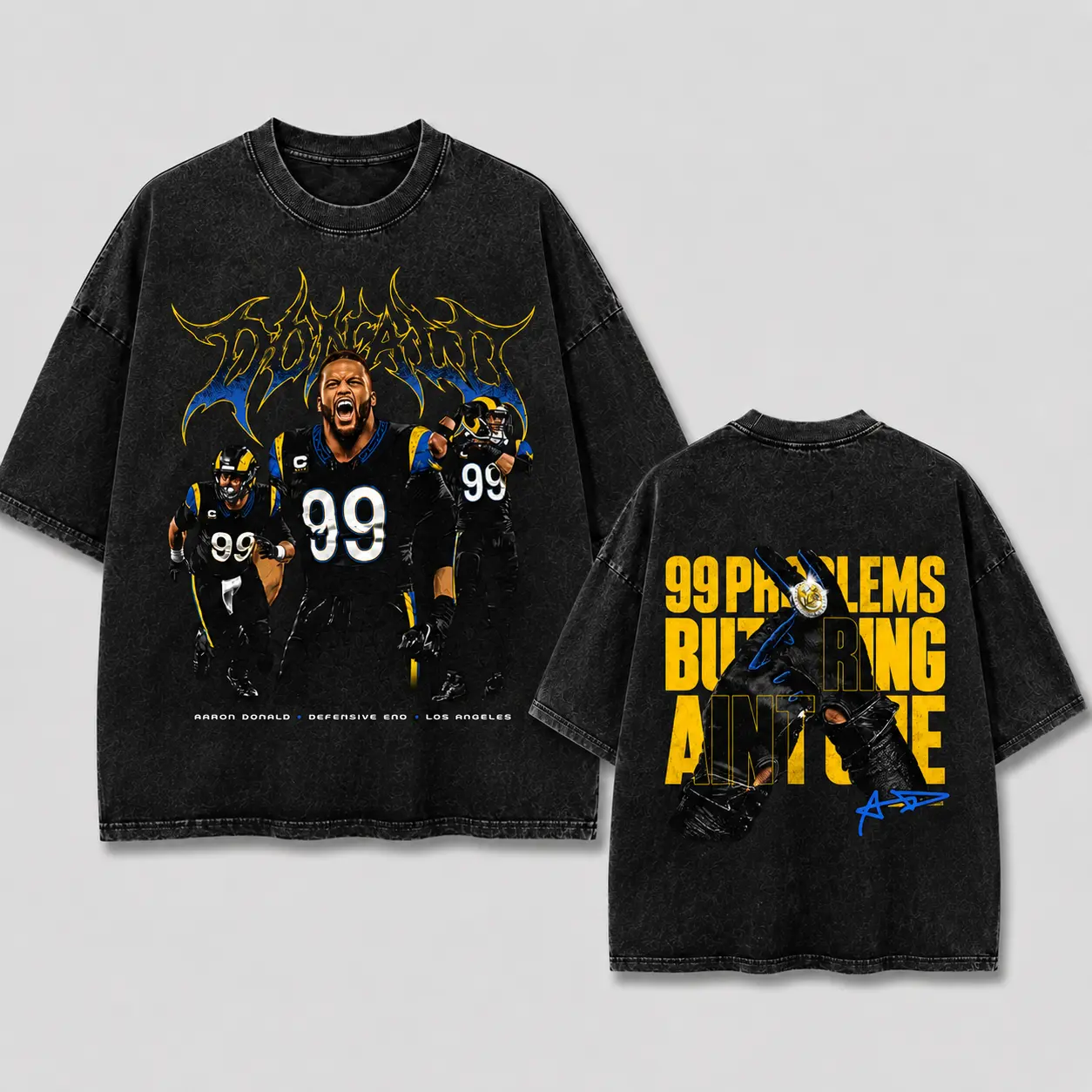 Vintage Aaron Donald #99 T-Shirt, LAR Football Defensive Tackle Washed Tee, Ring Back Print Graphic Apparel, Defensive Tackle Retro 90s Bootleg Sports Wear Washed Hoodie, Football Fan Heritage Gift, Men Women Heavyweight Oversized Clothing