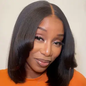 Layerd Cut Yaki Straight Human Hair Wigs Pre Styled Glueless Wigs 9x6 T Part Lace Wigs With Drawstring Brazilian Hair Wigs 250% Density Shortcut Bob Wigs