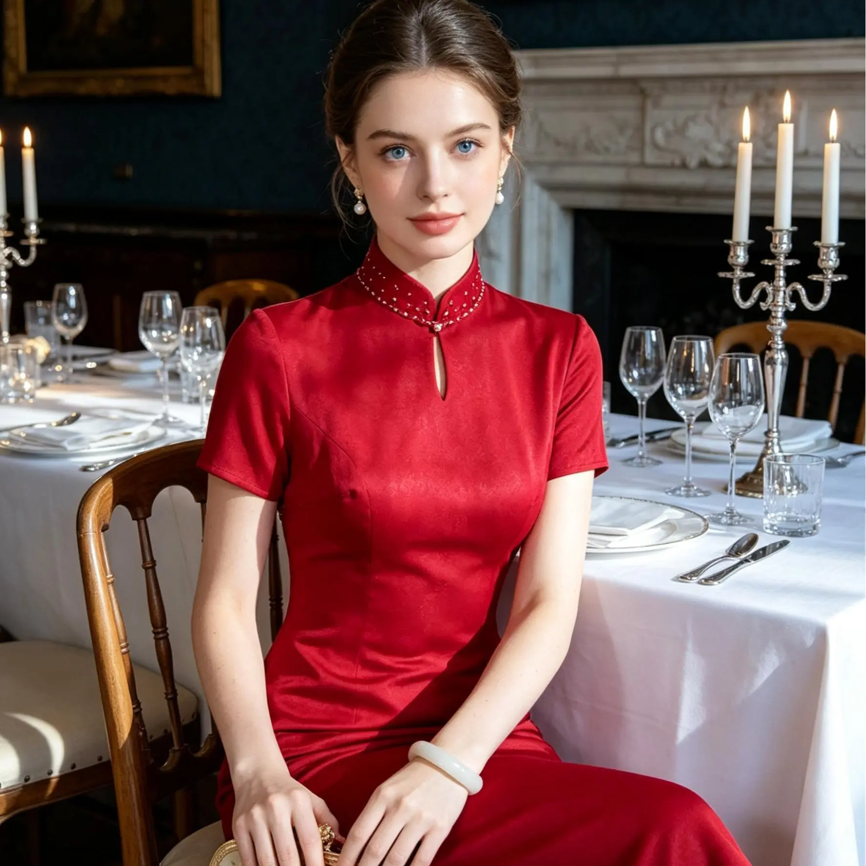 Red high density blending Qipao/Cheongsam Dress with Handmade Beaded Mandarin Collar - Elegant Short-Sleeve Midi with Keyhole Neckline for Weddings, Receptions & Formal Occasions