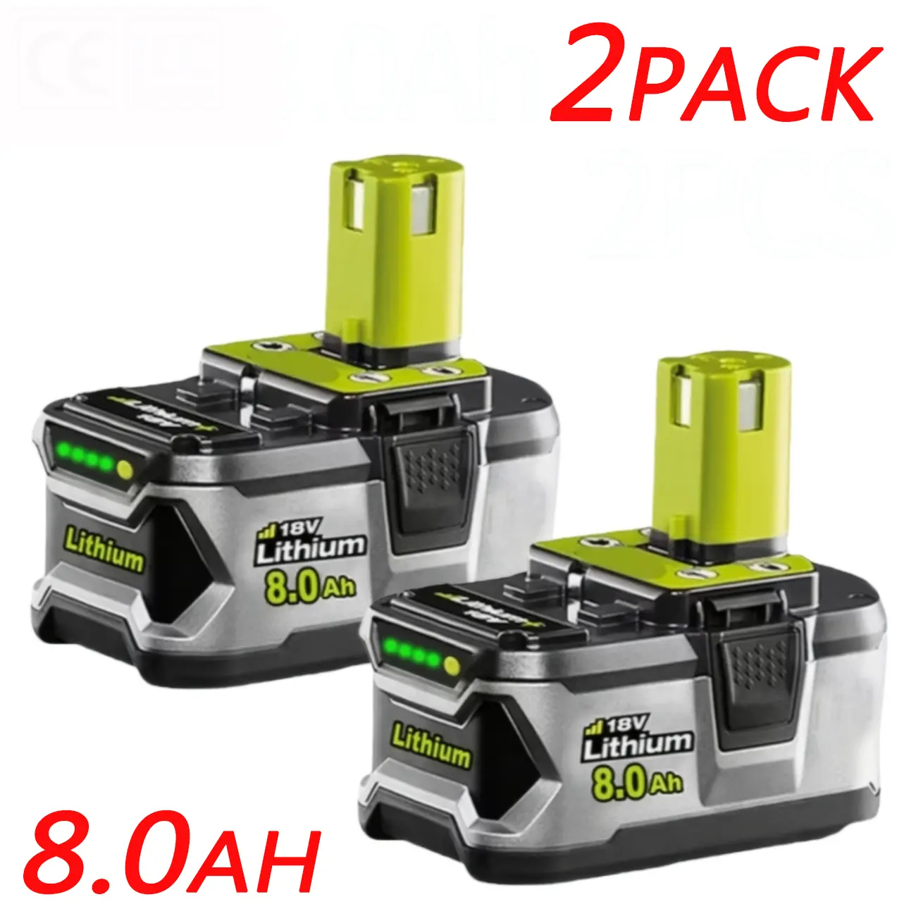 2Pack Lithium ion 8.0AH Batteries for Ryobi 18V Cordless Tools P108 P107 P105 P104 P103 P102 Replacement for Ryobi 8000mAH Battery