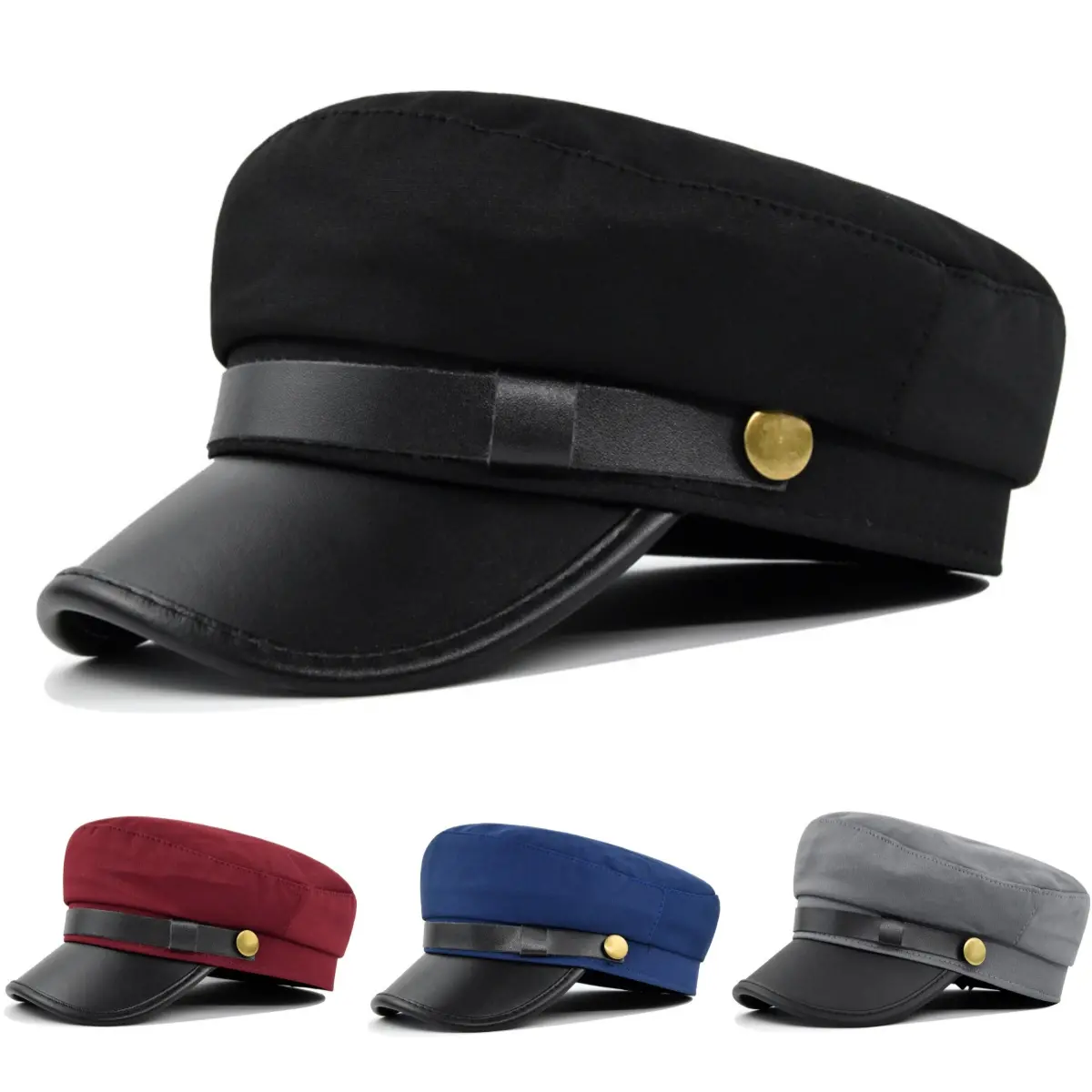 Flat Caps Beret Newsboy Captain Cap - Black with Gold Button Accent Available in Multiple Colors
