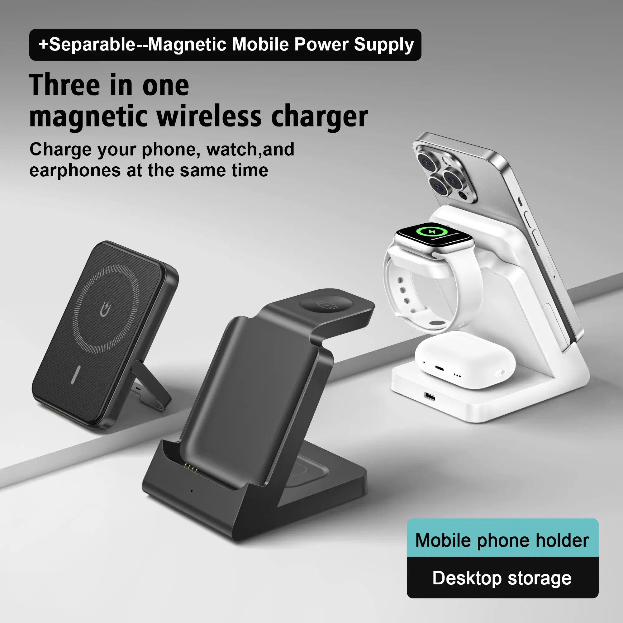 All-in-one magnetic wireless charger, mobile phone holder, Smart charging dock, Wireless charging stand, fast charging, Fast Charging Supported, suitable for iPhone17-12 Pro Max, iWatch, Bluetooth headsets, A must-have for home and car use