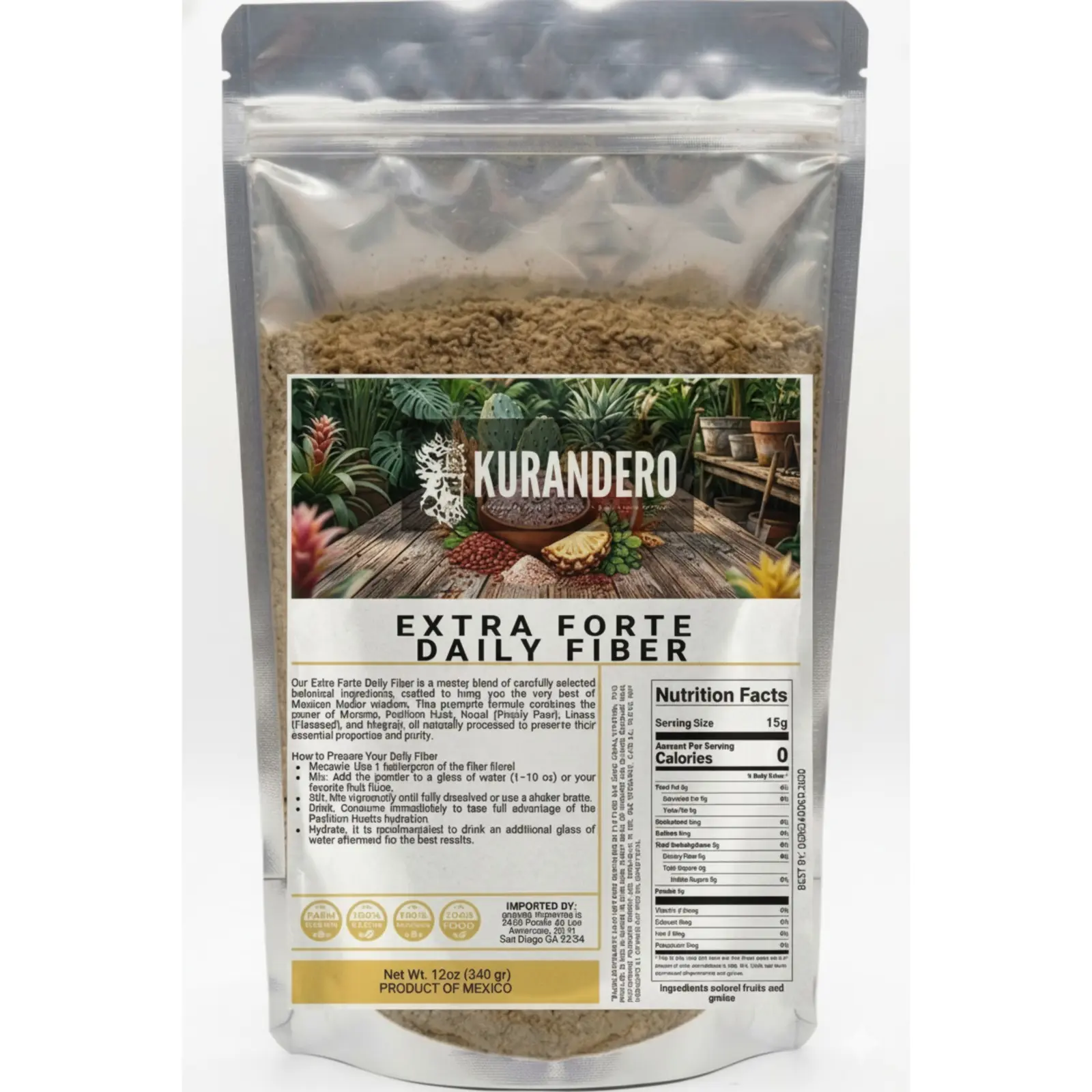 KURANDERO Extra Forte Daily Fiber - Natural Digestive Support with Nopal Moringa & Psyllium Husk - Vegan Sugar-Free Gut Health Powder 12oz Mexican Herbal Wisdom - Healthcare