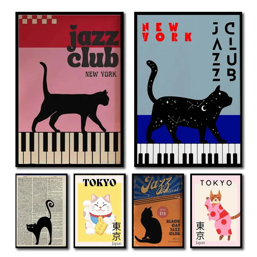 [Sale off up to 55%][Free Ship] Black Cat with Piano Canvas Art Poster Fortune Cat Simple Canvas Painting Wall Art for Bedroom Living Room Home Office