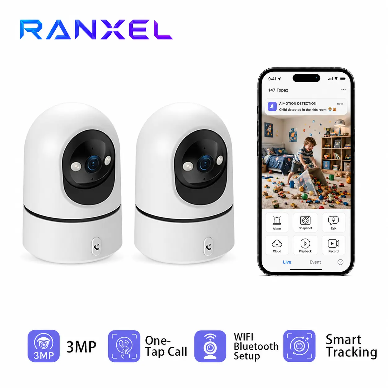 Ranxel 3MP Wi-Fi Smart Security Camera - 1-Touch Call, 2-Way Audio, Color Night Vision, 360° Pan-Tilt, Motion Detection, 911 Alert, Cloud/microSD Storage, Multi-User Sharing, Elderly Monitoring, App Alerts, Housewarming Gift for New Homeowners