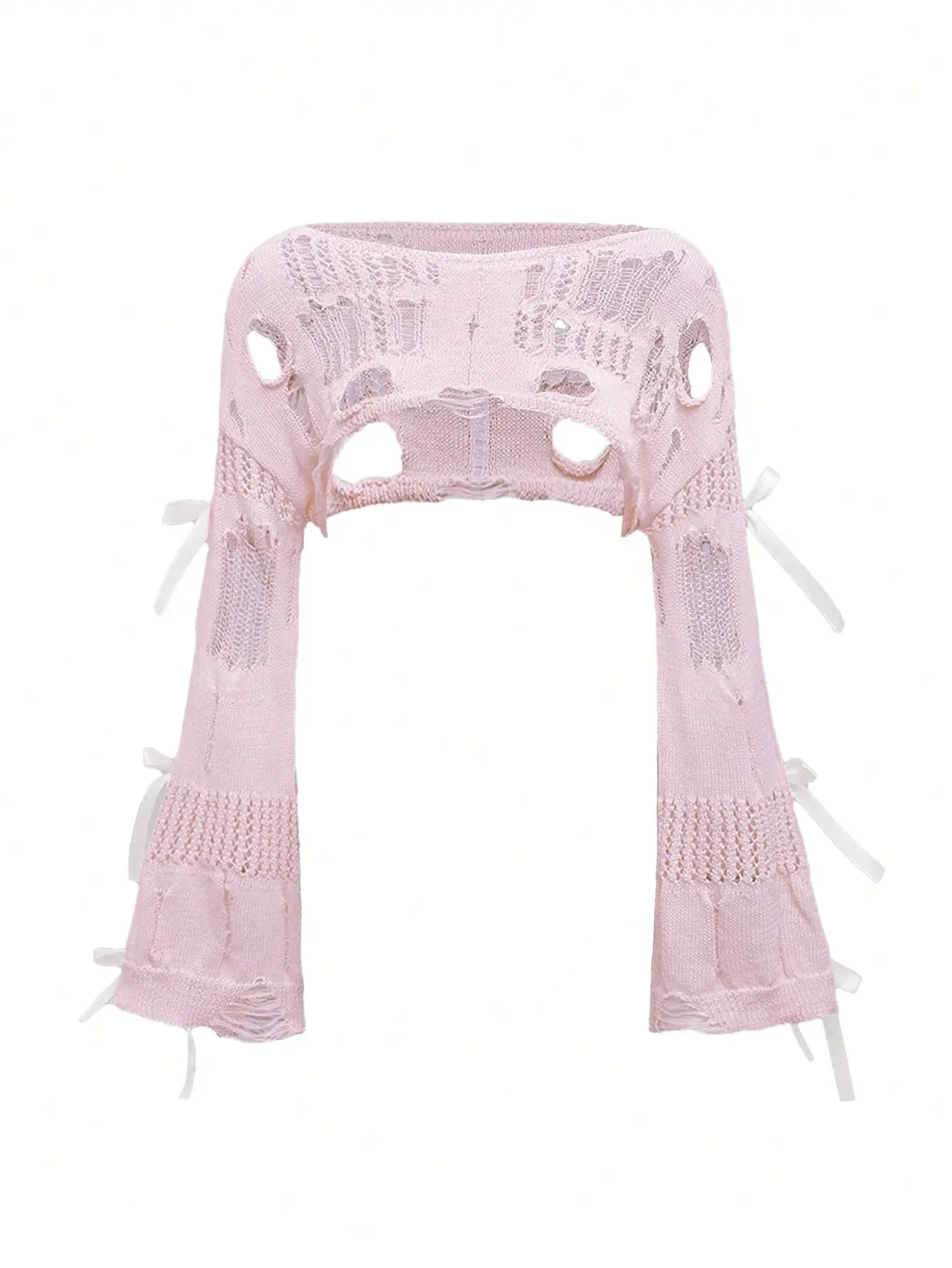 Candle Spring Valentine's Day Pink Cute & Soft Oversized Hollow Bowknot Asymmetric Neck Women Sweater
