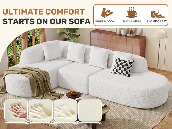 【2 Packages shipping】Modern 114-Inch Armless Sofa with 3 Cushions,  Modular Sectional Sofa with Chaise, L-Shaped Cloud Sectional Sofa, No Assembly Required