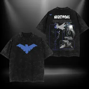 NightWing Batfamily Double Printed Oversize Lightweight Acid Washed Tee TV Show Graphic Top Cotton Gift T-Shirt For Comic Lover, Gift T-Shirt For Movie Lover