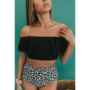 Black Ruffle and Leopard Bottom Bikini