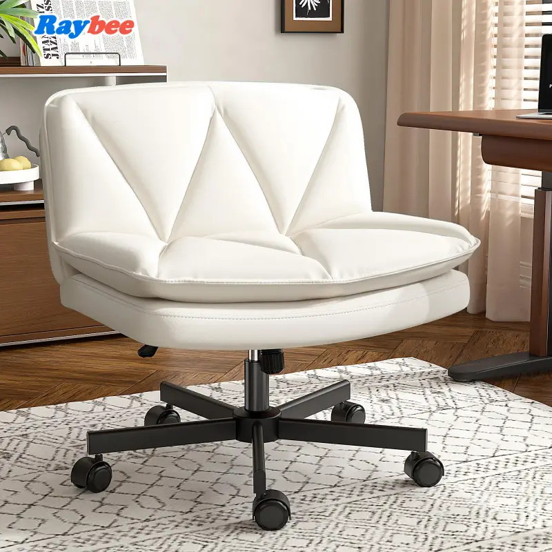 Raybee Furniture Armless Office Desk Chair with Wheels, PU Leather, Mid-Back, Height Adjustable, Wide Seat for Vanity Makeup, Modern Swivel Design