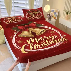 3-Piece Christmas Themed Printed Bedding Set, Christmas Decorated Copper Bell Patterned Fitted Sheet Set, Simple, Fashionable, Soft and Comfortable, Christmas Carnival and Happy New Year, Including 1 Fitted Sheet and 2 Pillowcases