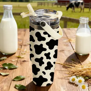 AuraCup 1pc 30oz Cow Print Tumbler with Handle, Straw and Lid, Black and White Stainless Steel Travel Mug, Double Wall Vacuum Insulated Cup, Leakproof Reusable Coffee Cup, Drinkware, Keeps Cold 12H & Hot 6H, Gift for Women, Men, Office, School, Outdoo