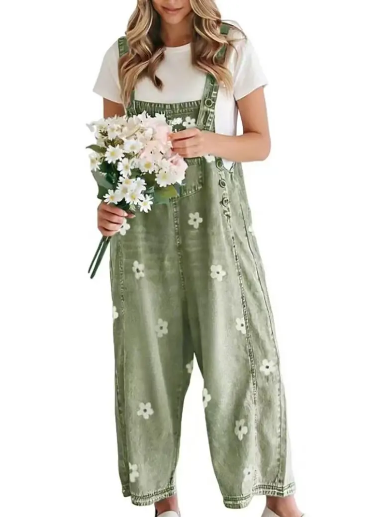 Women's Bib Overalls, Cute Floral Print Denim Jumpsuit with Baggy Wide Leg and Adjustable Straps, Fashion Apparel Chic Pants,back to school shopping, Flower, Women's Clothes