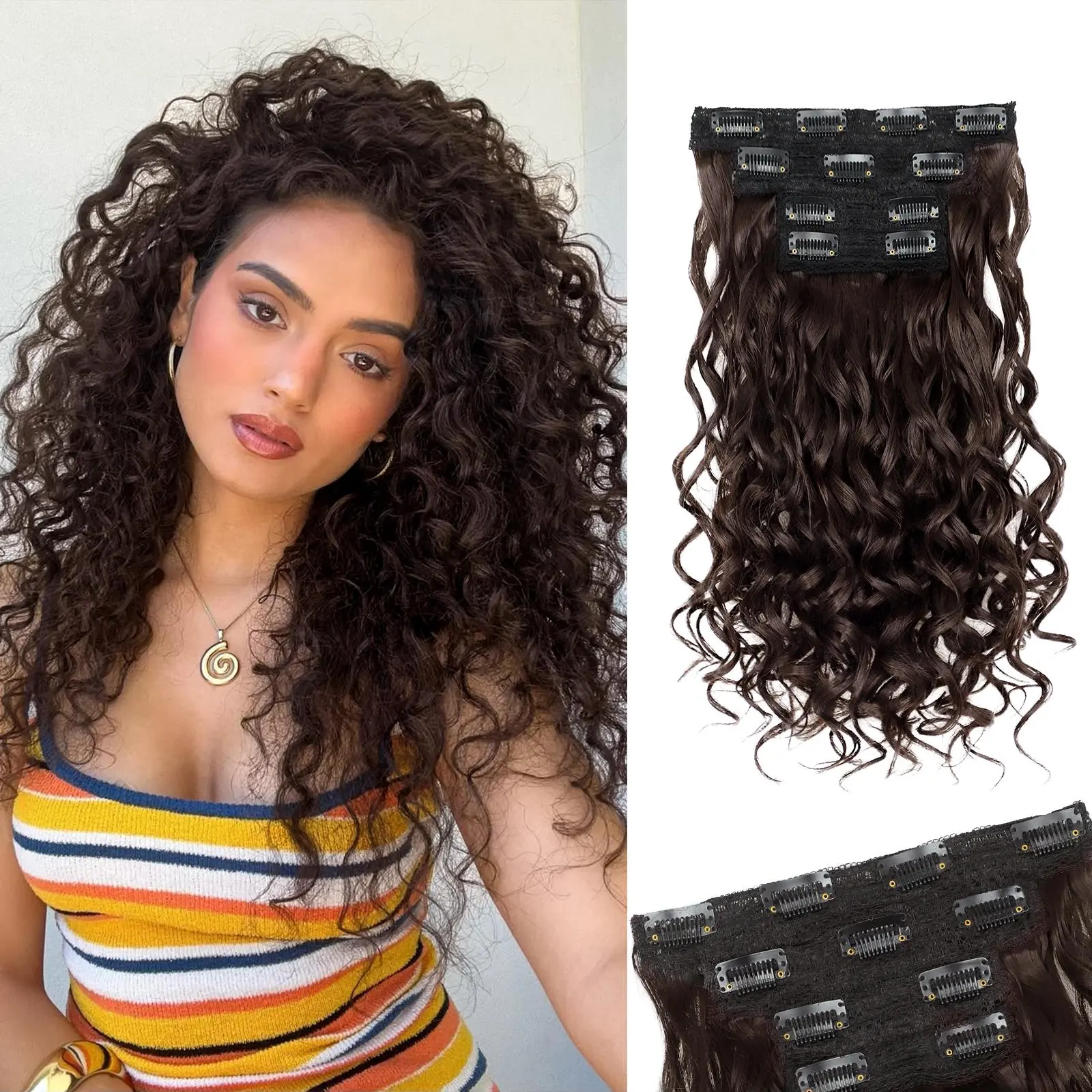 GEEOE Curly Clip In Hair Extensions,4PCS 20 inch Thick Curly Hair Extensions Lace Weft Clip Ins Invisible Natural Synthetic Hairpieces for Women