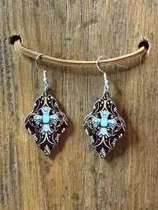 Tooled Leather Cross Wood Earrings – Nickel Free Metal – Lightweight Faith Jewelry