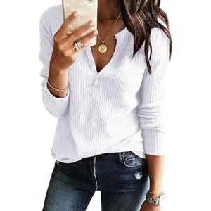 Women's V Neck Waffle Knit Henley Tops Casual Long Sleeve Pullover Sweater Blouses