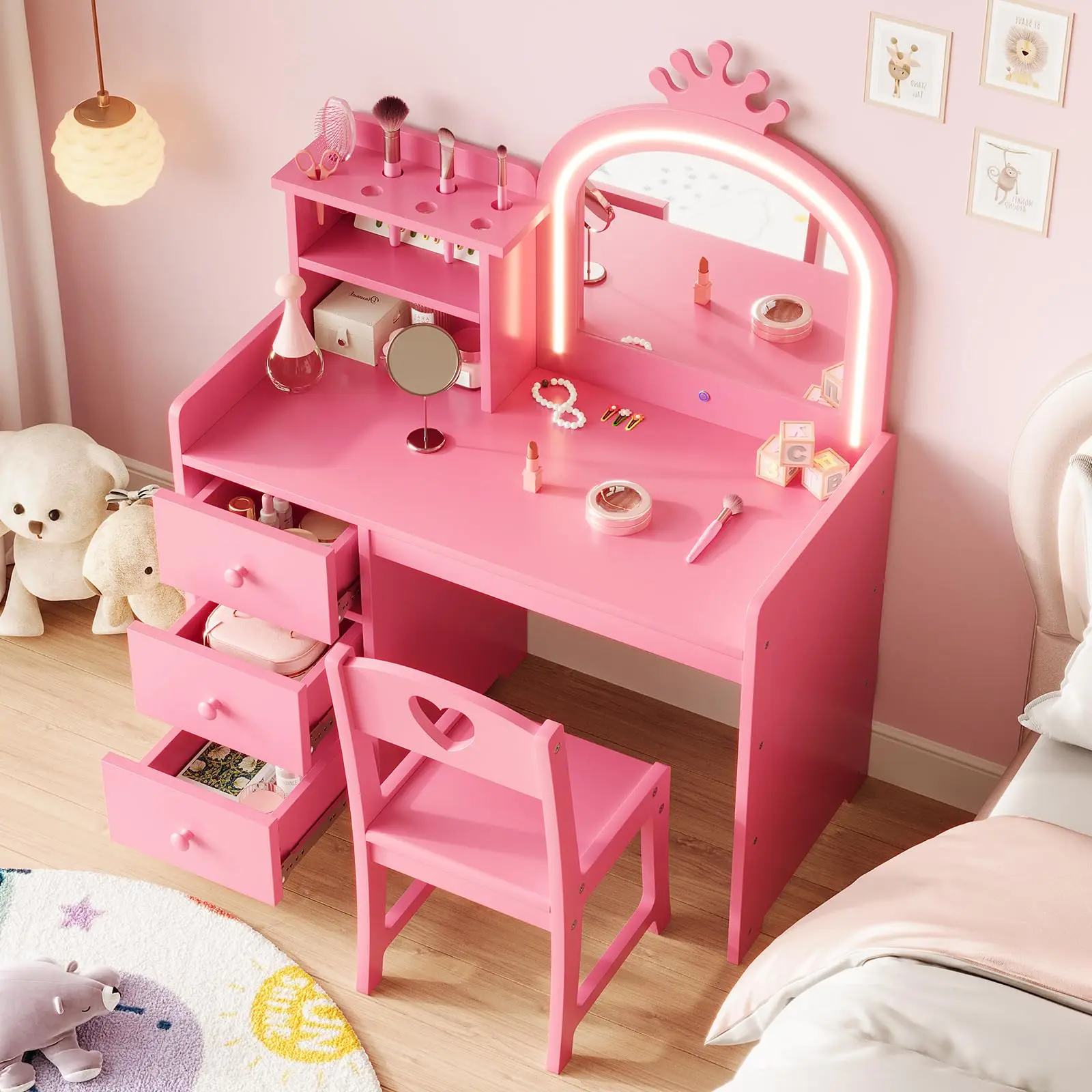Garvee 2-in-1 Wooden LED Multi-Functional Makeup Vanity (Built-In Light Fixture) with Light Up Mirror, 3 Drawers, Storage Shelves, Removable Tray & Included Chair - Ideal for Princess-Themed Dressing (Vanity Chair for Makeup Use), Chair For Vanity