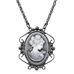 Vintage Vibes Beautiful Twisted Long Hematite Chain With Statement Victorian Cameo Pendant Necklace, 30"+3" Extender