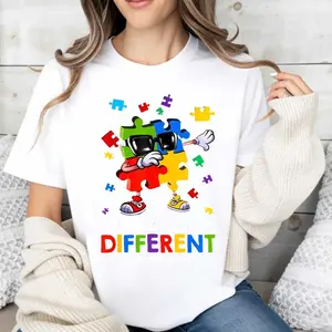 Autism Puzzle Piece Character Wearing Sunglasses With Text Its Cool To Be Different T Shirt Short Sleeve Casual Autism Awareness